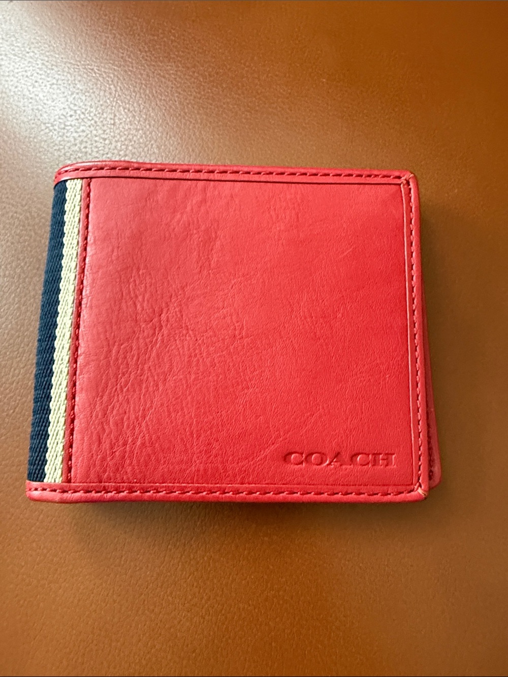COACH Men’s Red Leather Bi-Fold Wallet with Stripe Detail